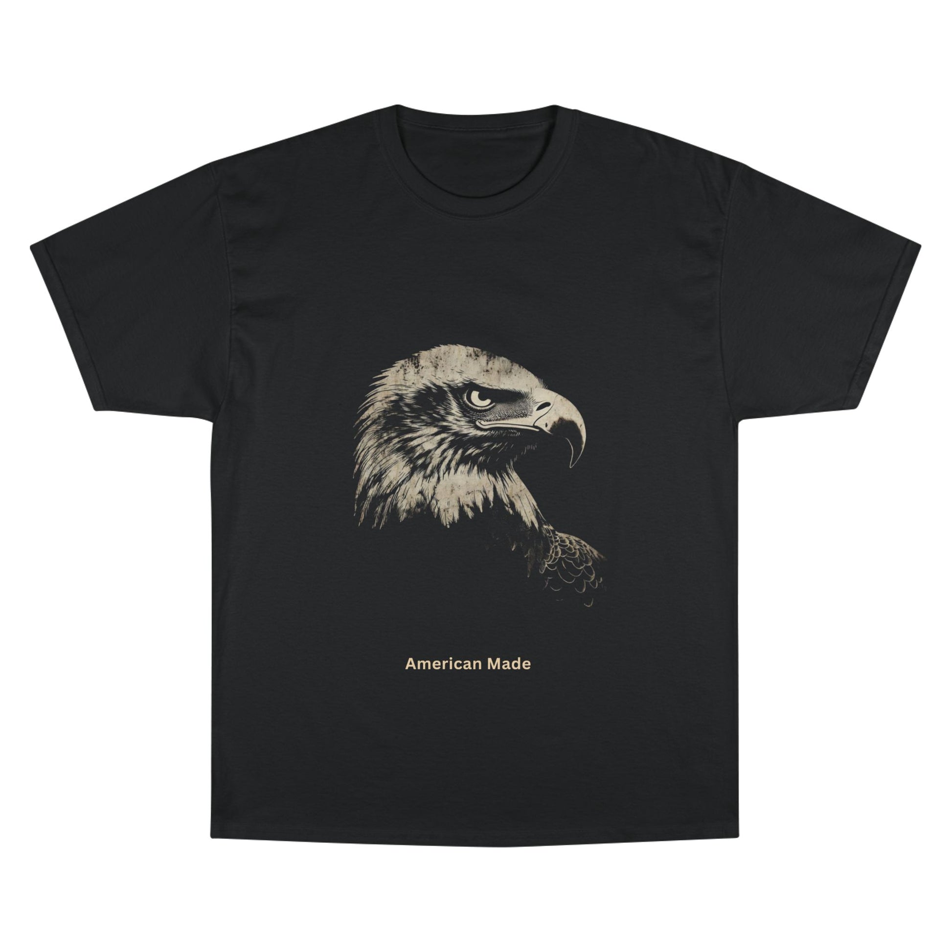American Made small font text below an eagle head on a Champion Tee