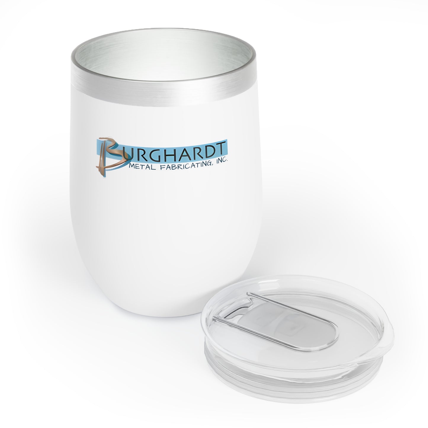 Burghardt Metal Fabricating, Inc., logo on a 12oz Chill Wine Tumbler