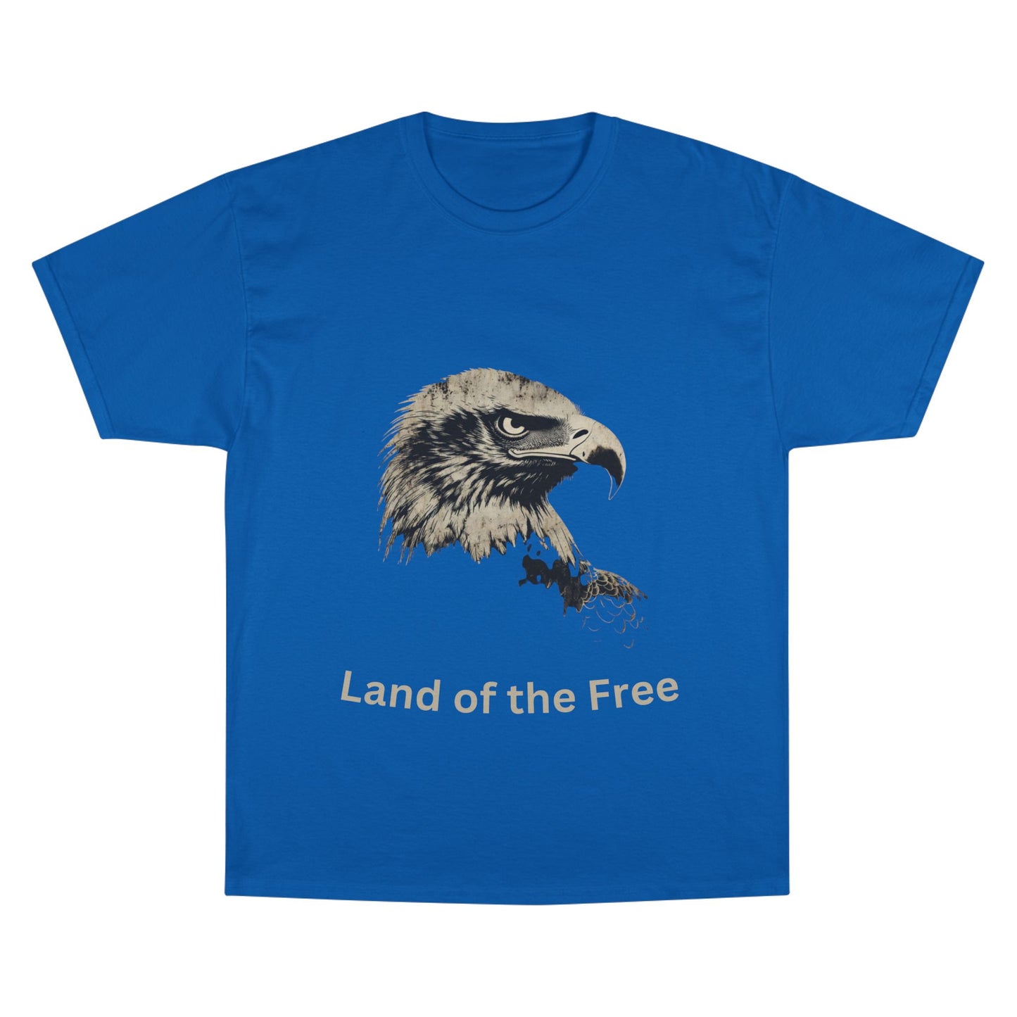 Land of the Free text below an eagle head on a Champion Tee