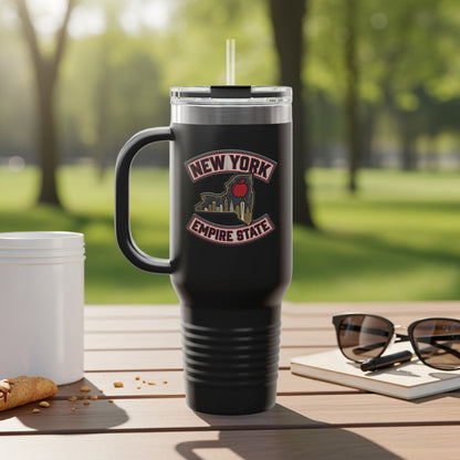 Black tumbler with "New York Empire State" logo and apple.