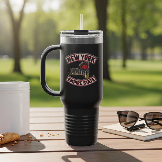 Black tumbler with "New York Empire State" logo and apple.