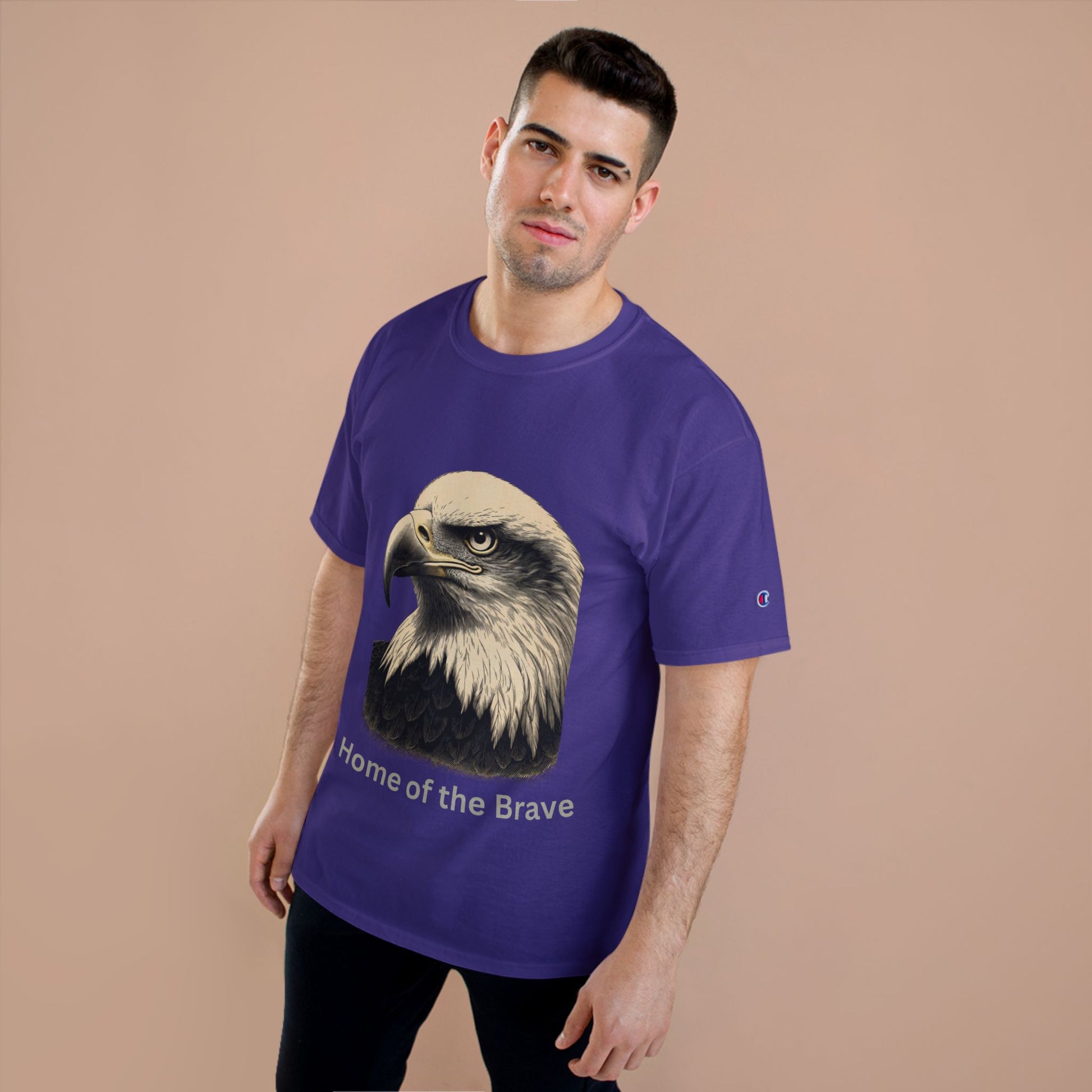 Engraved Eagle - Home of the Brave - text on the bottom of a Champion Tee