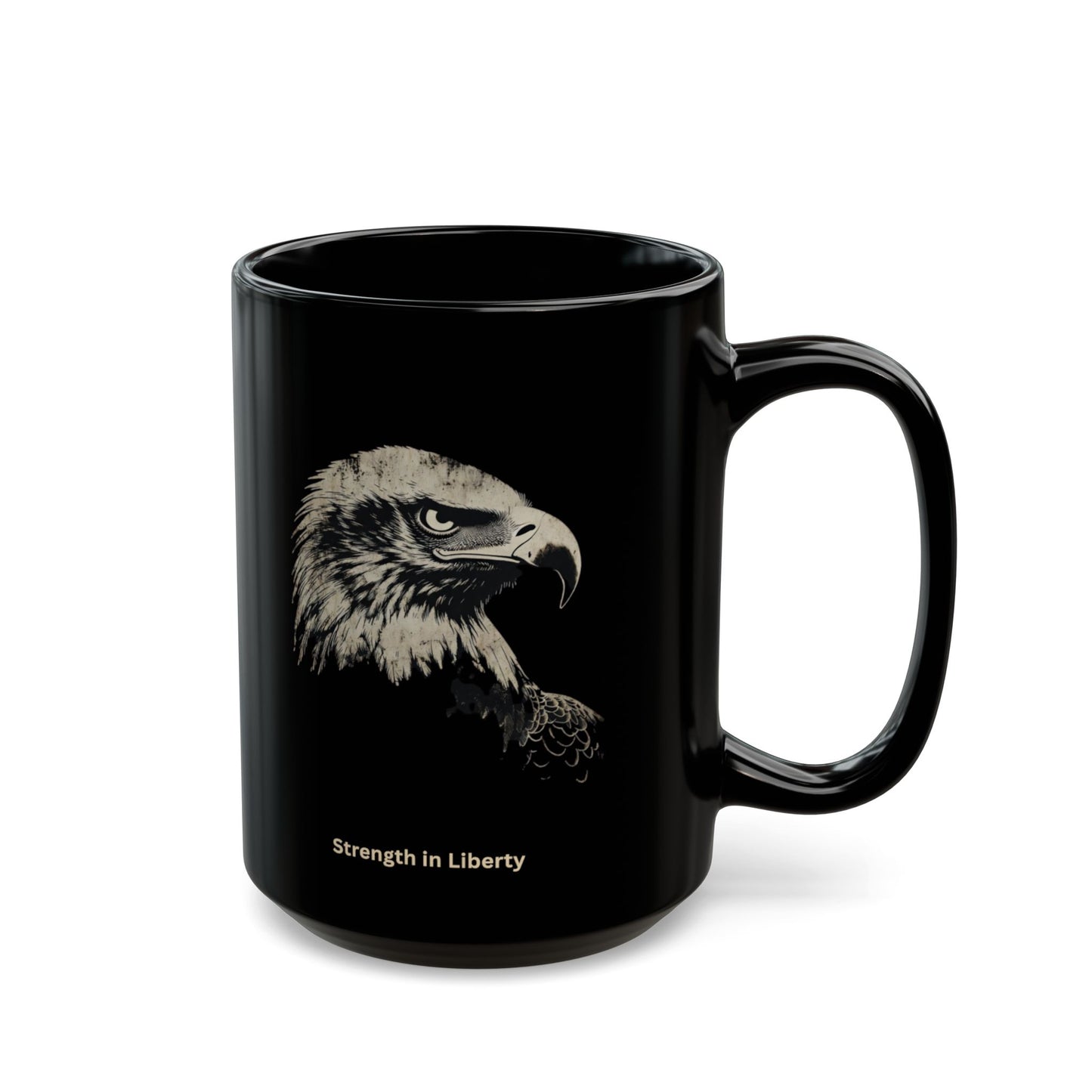 Black mug with eagle illustration and "Strength in Liberty" text.