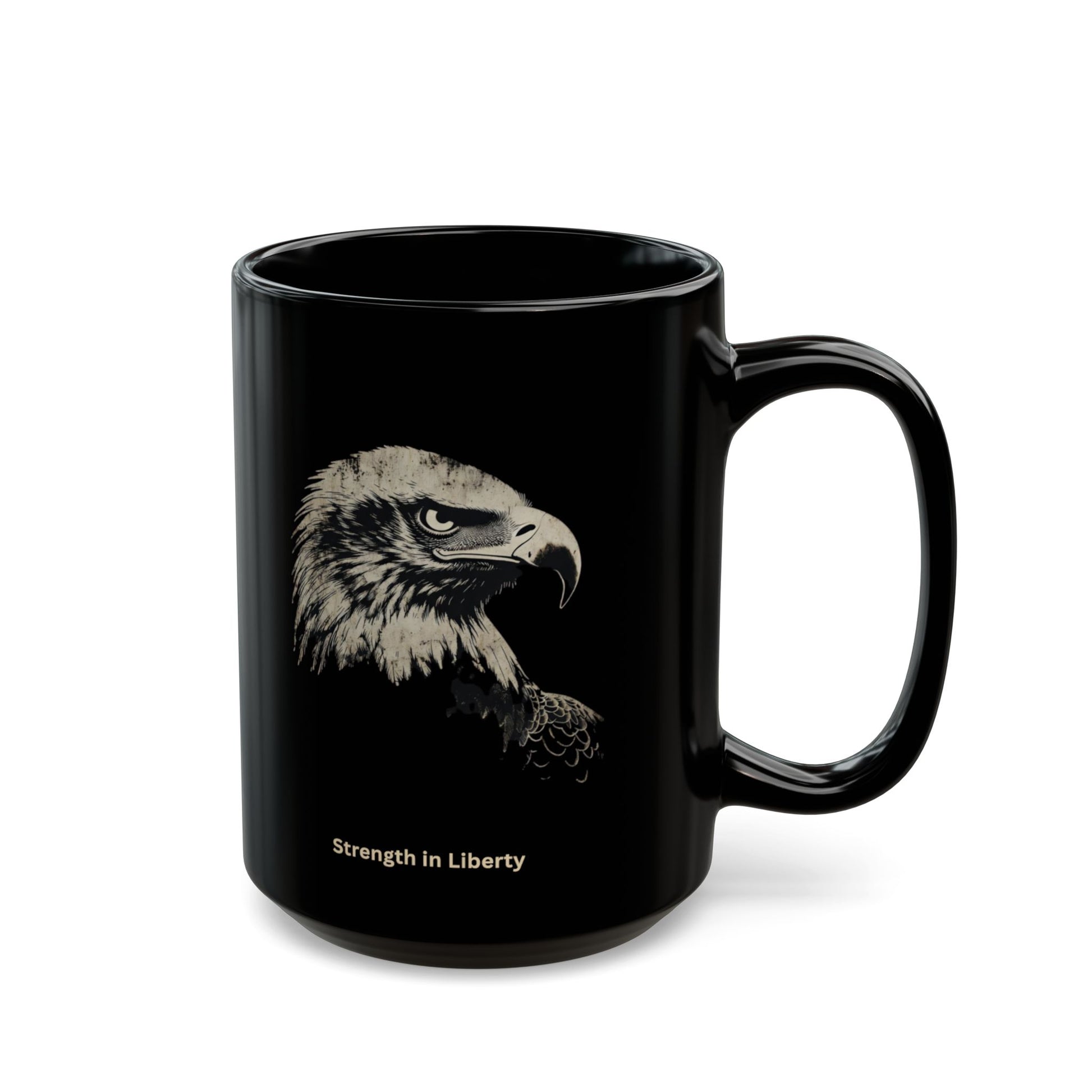 Black mug with eagle illustration and "Strength in Liberty" text.