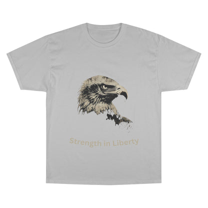 Strength in Liberty text below an eagle head on a Champion Tee