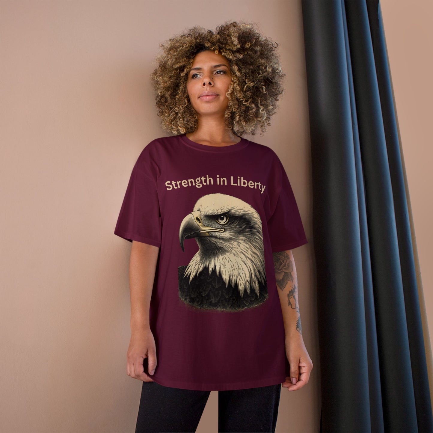 Engraved Eagle - Strength in Liberty - text on the top of a Champion Tee