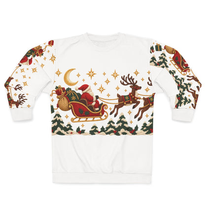 White sweatshirt with a Christmas scene of Santa in a sleigh pulled by reindeer.