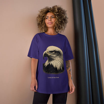 Engraved Eagle - Land of the Free - text on the muted of a Champion Tee