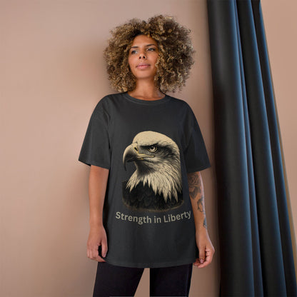 Engraved Eagle - Strength in Liberty - text on the bottom of a Champion Tee