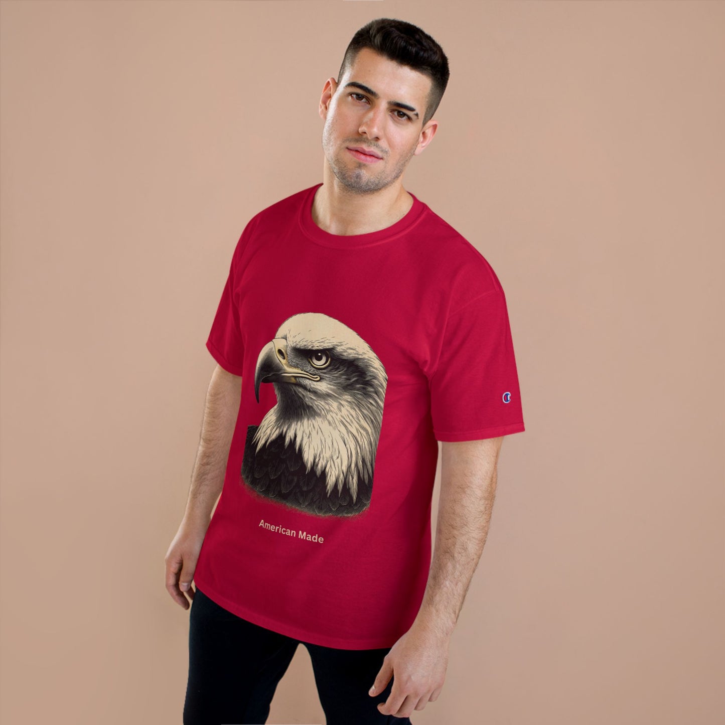 Engraved Eagle - American Made - text on the muted of a Champion Tee