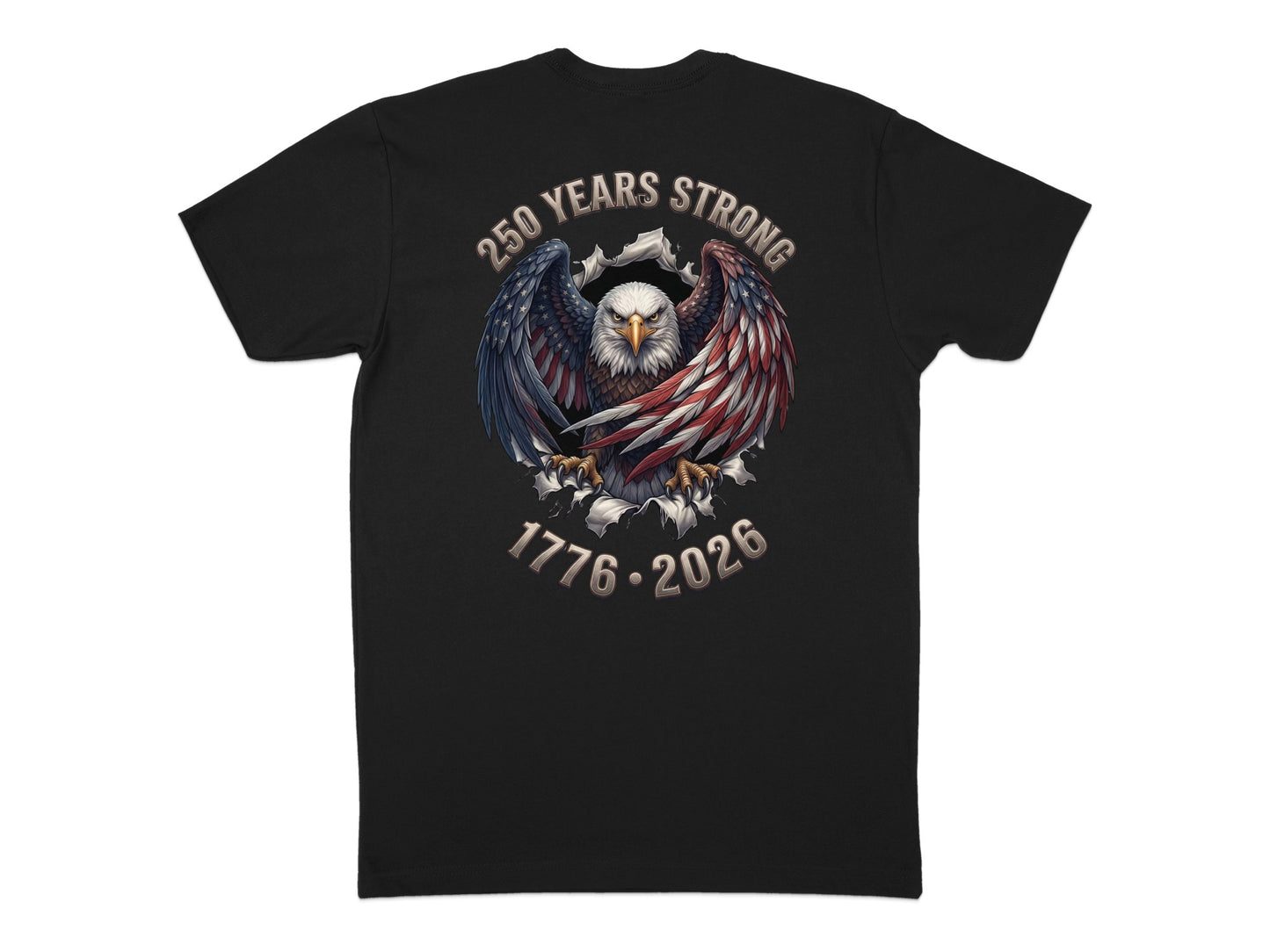 Eagle with American flag wings and text "250 Years Strong" and "1776-2026".