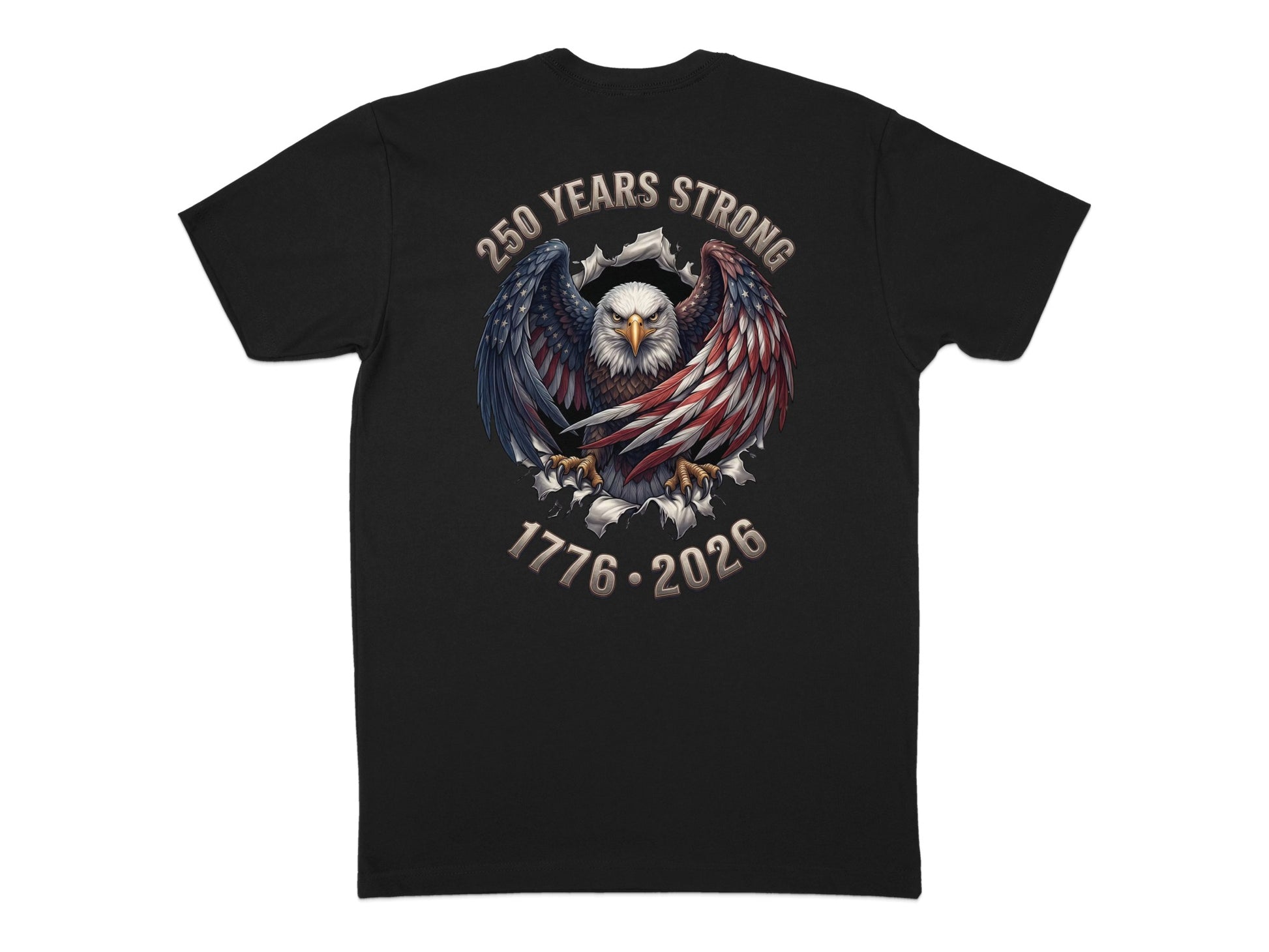 Eagle with American flag wings and text "250 Years Strong" and "1776-2026".