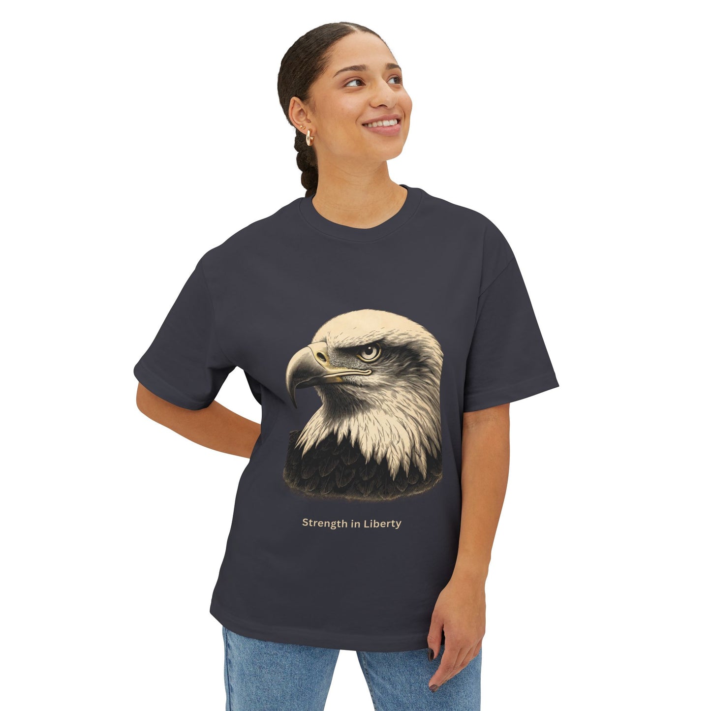 Engraved Eagle - Strength in Liberty text at the muted of a premium tee