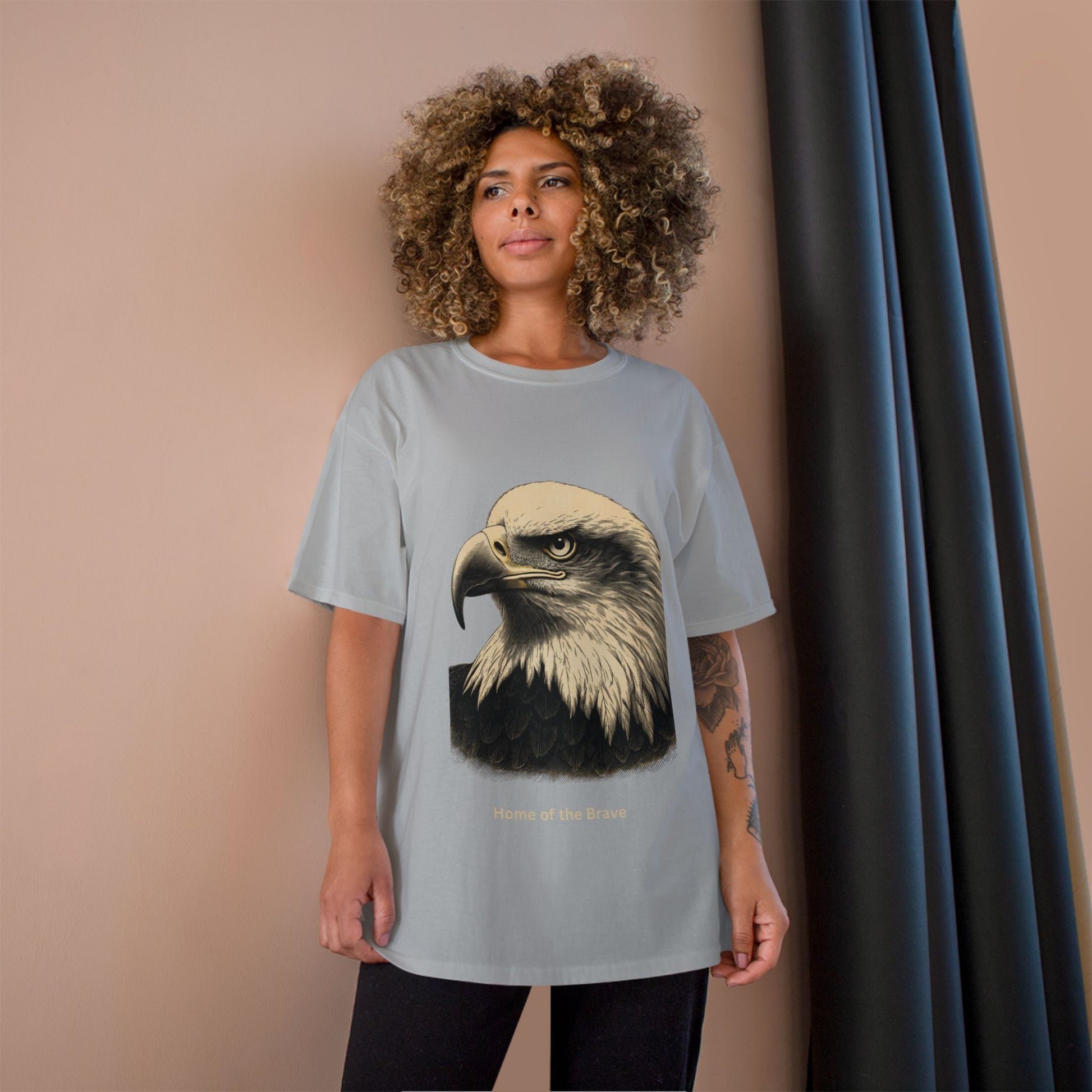 Engraved Eagle - Home of the Brave - text on the muted of a Champion Tee