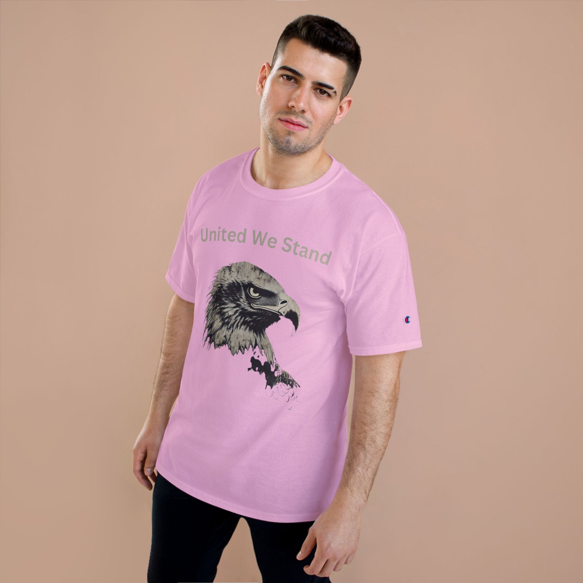 United We Stand text above an eagle head on a Champion Tee