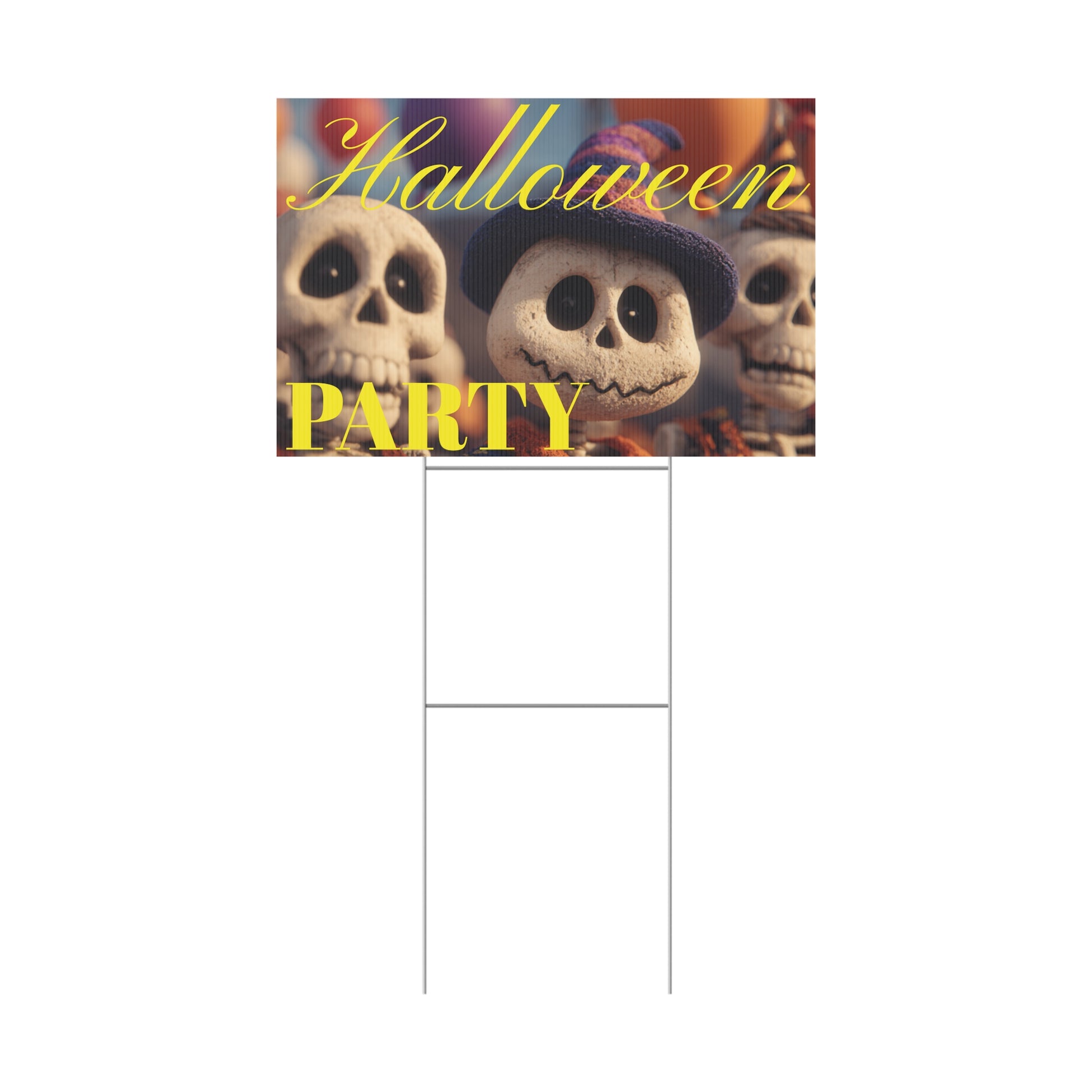 Halloween-themed party sign with cartoon characters on a grassy lawn