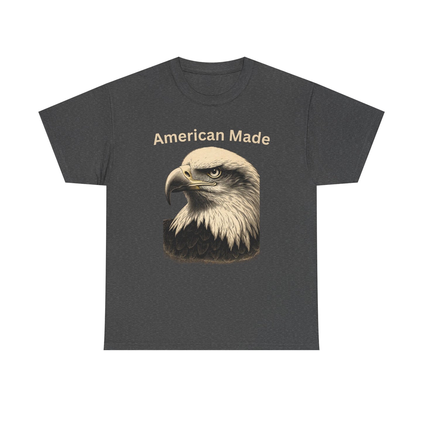 Engraved Eagle - American Made - text on the top of a Heavyweight T-shirt