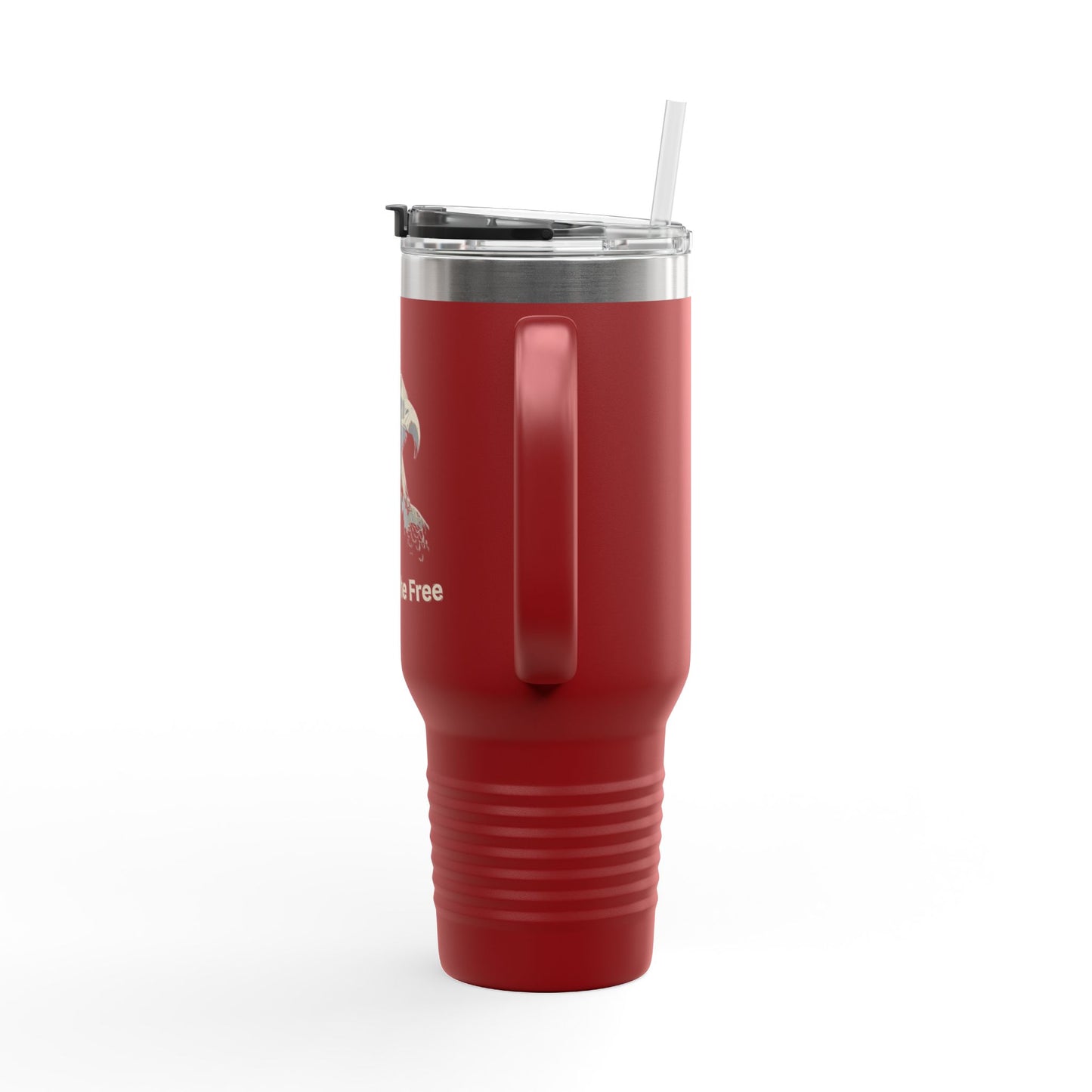 Land of the Free text on the bottom of a  40oz Insulated Travel Mug