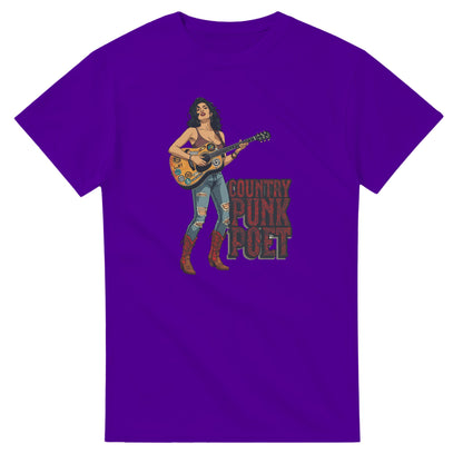 Woman wearing a red t-shirt with a graphic design, holding shopping bags in a mall.