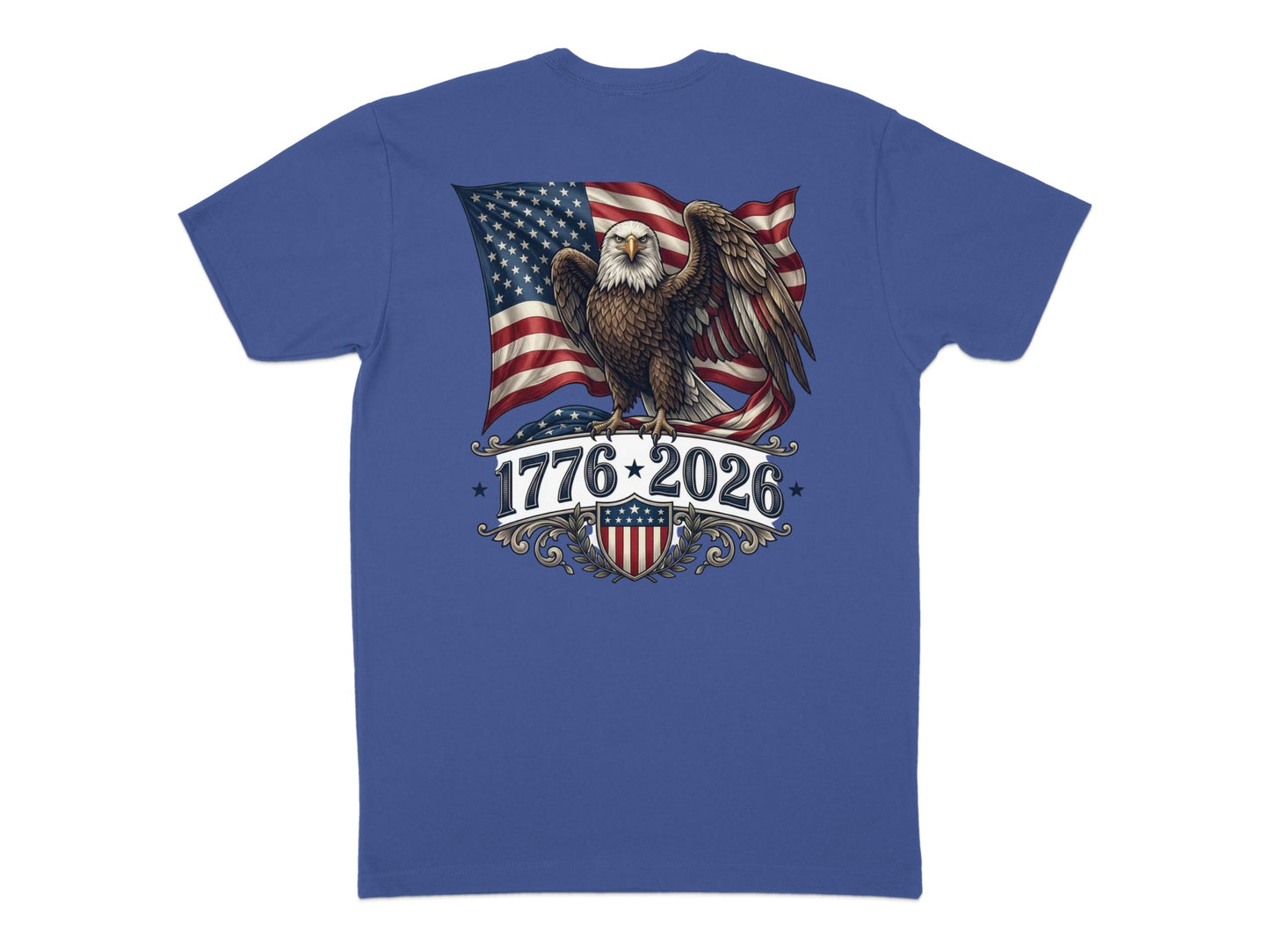 Eagle perched in front of US flag with "1776-2026" text.