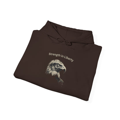 Strength in Liberty text above an eagle head on a Pullover Hoodie