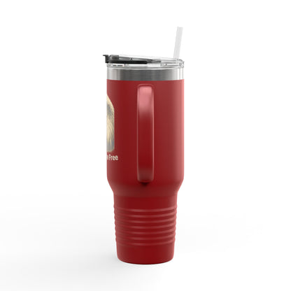 Land of the Free text on the bottom of a  40oz Insulated Travel Mug