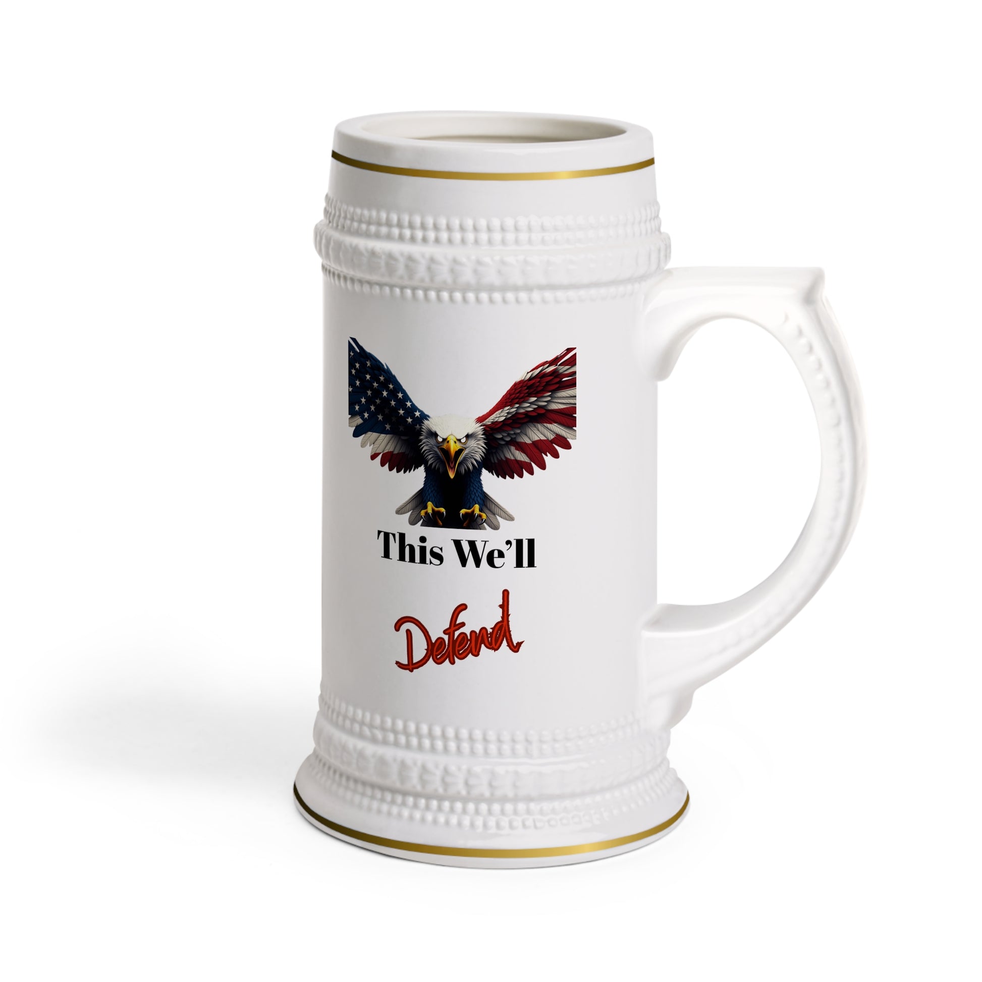 This We'll Defend Patriotic Eagle on a 22oz Ceramic Beer Stein