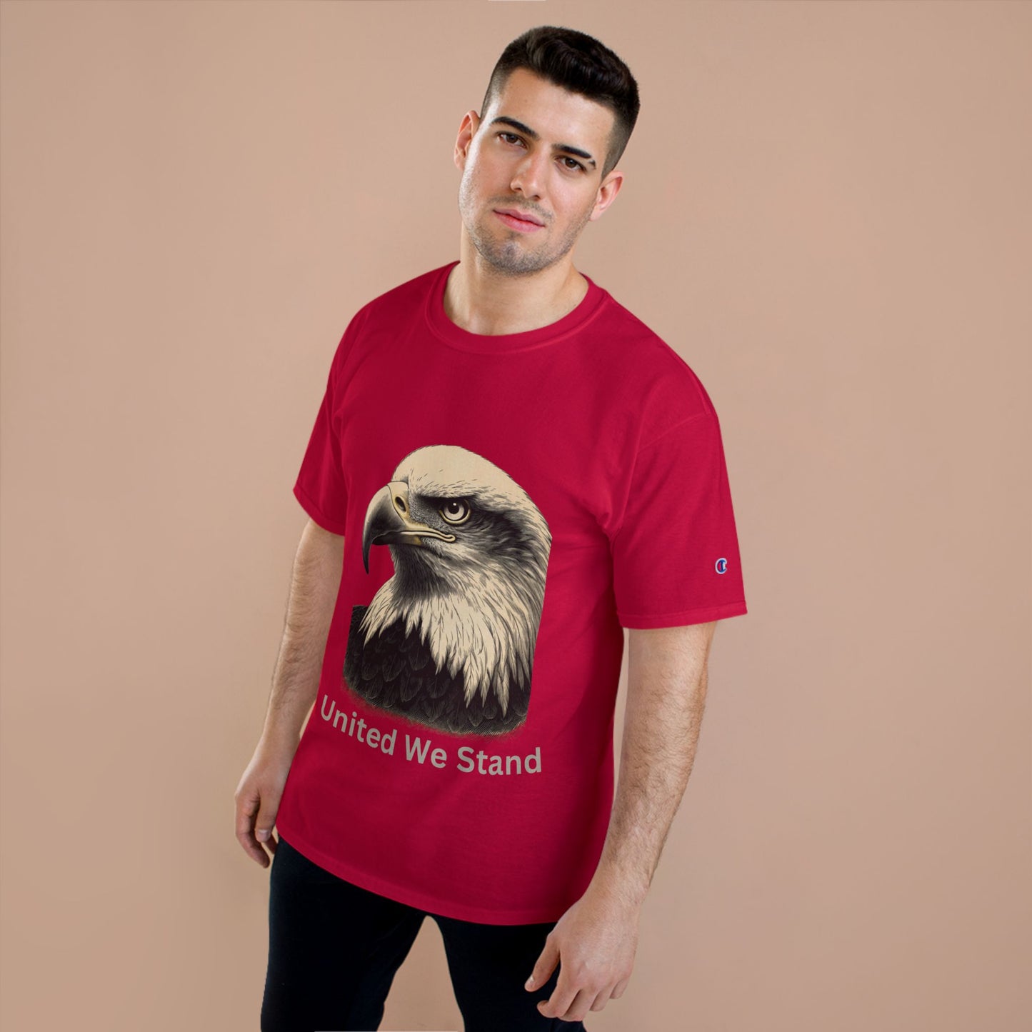 Engraved Eagle - United We Stand - text on the bottom of a Champion Tee