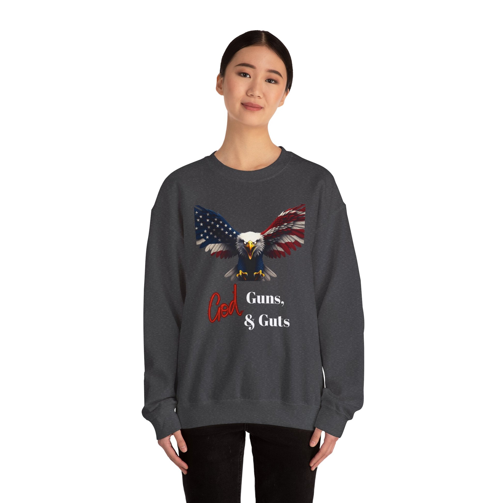 God Guns & Guts Patriotic Eagle text on a Crewneck Sweatshirt