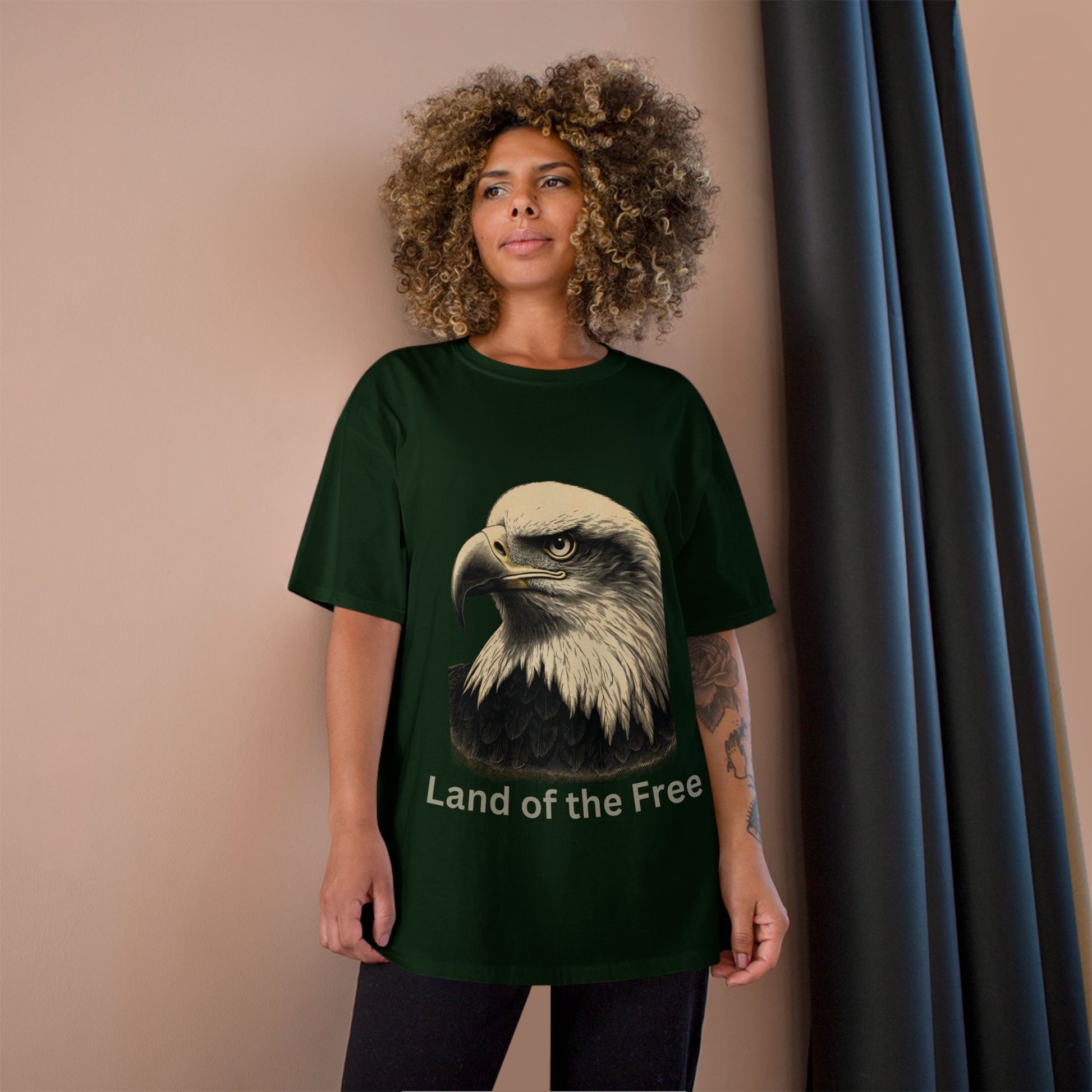 Engraved Eagle - Land of the Free - text on the bottom of a Champion Tee