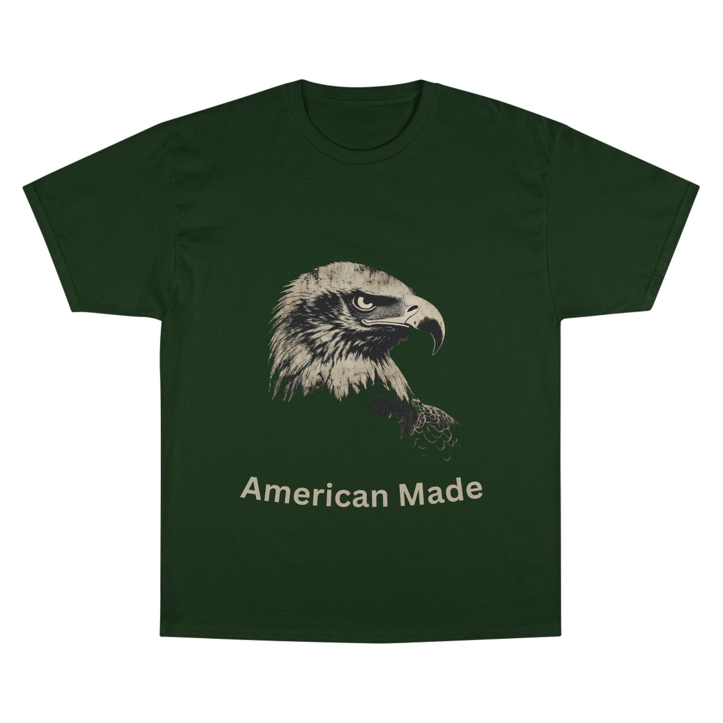 American Made text below an eagle head on a Champion Tee