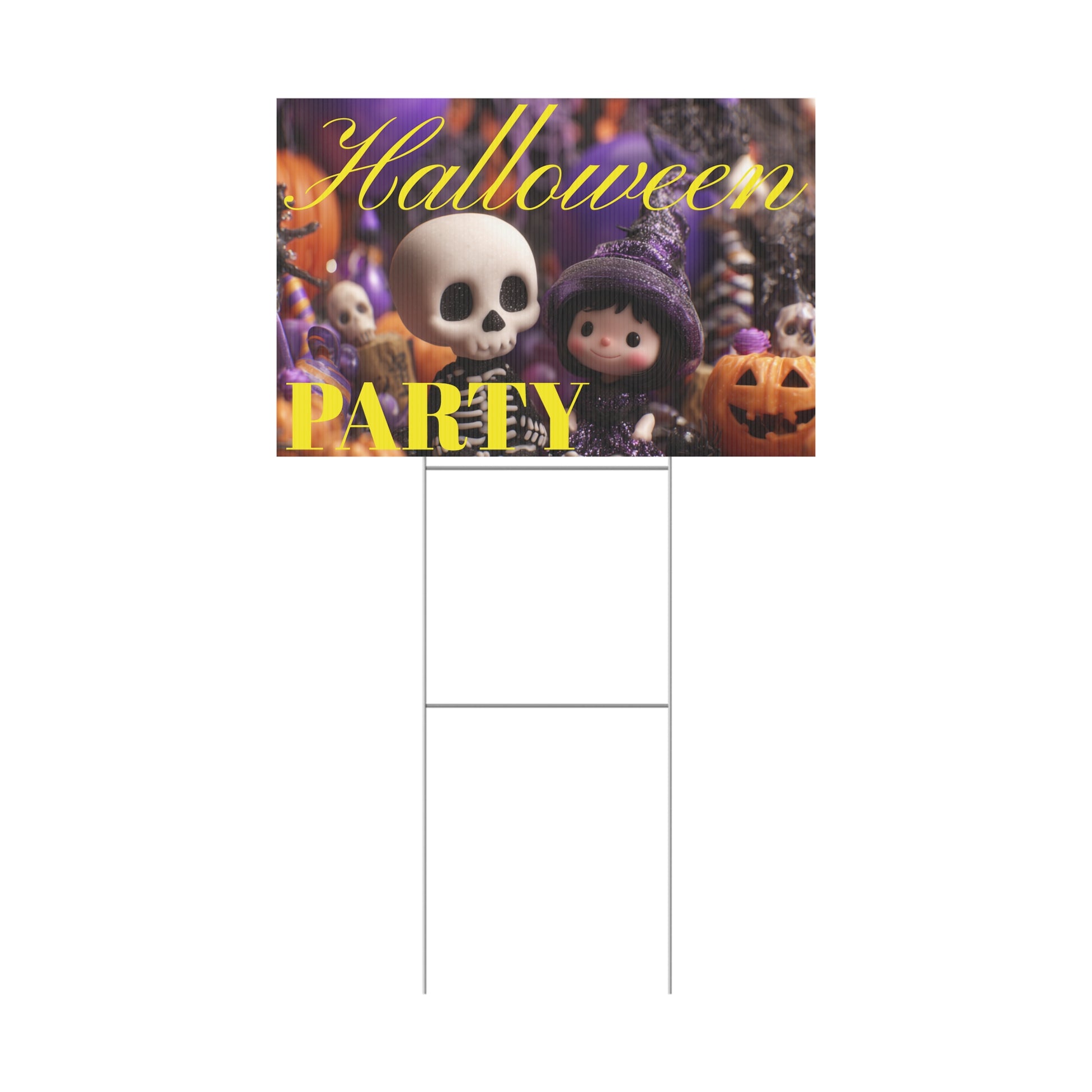Halloween-themed party sign with cartoon characters on a grassy lawn