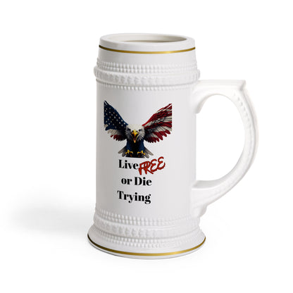 Live Free Or Die Trying Patriotic Eagle on a 22oz Ceramic Beer Stein