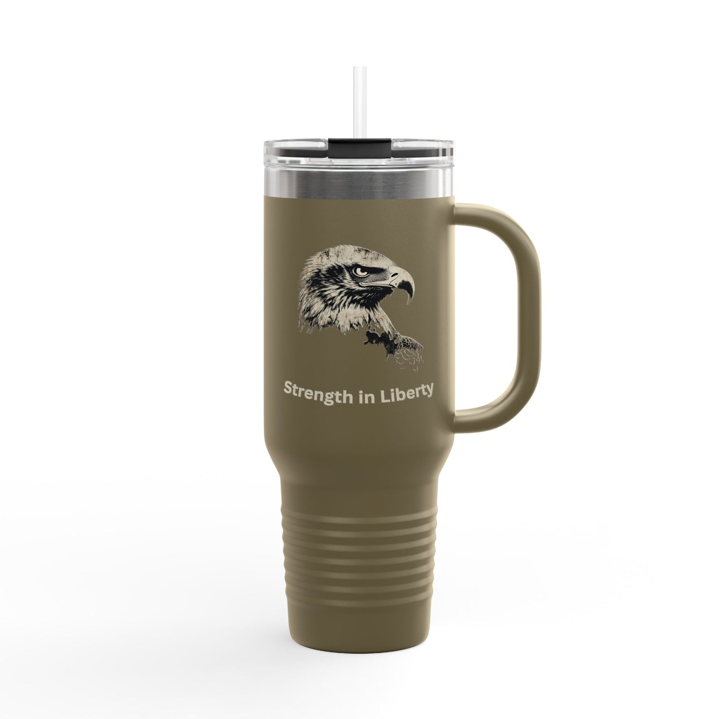 Strength in Liberty text on the bottom of a  40oz Insulated Travel Mug
