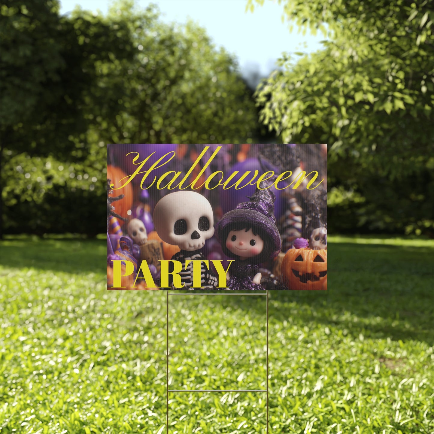 Halloween-themed party sign with cartoon characters on a grassy lawn