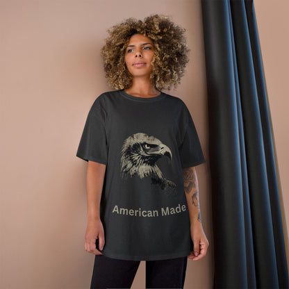 American Made text below an eagle head on a Champion Tee