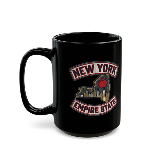 Black mug with "New York Empire State" text and city skyline.