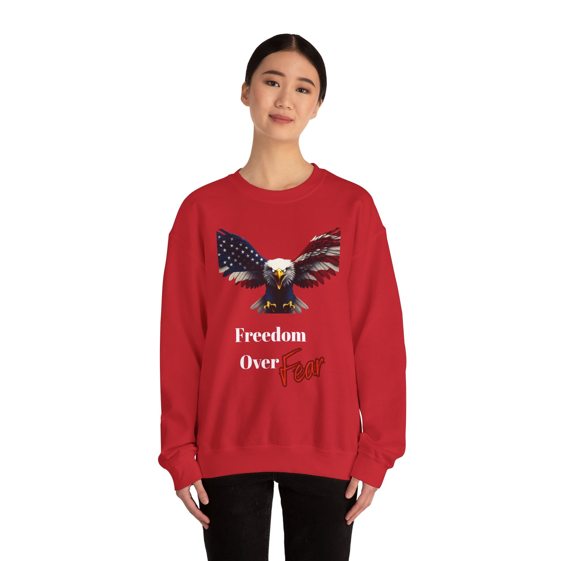 Freedom Over Fear Patriotic Eagle text on a Crewneck Sweatshirt