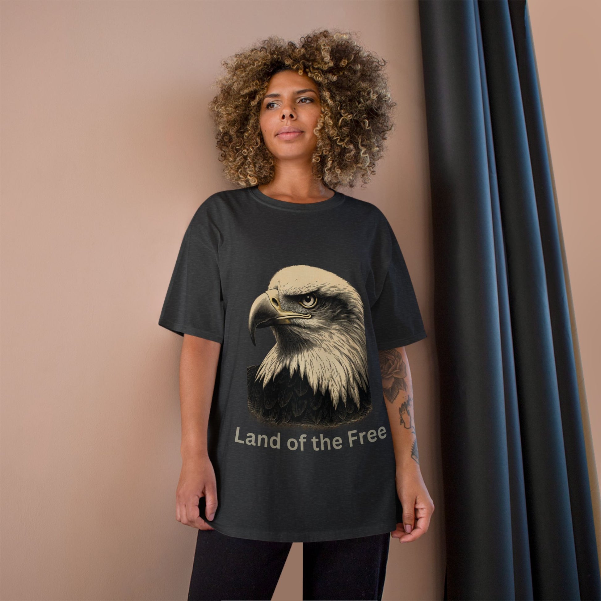 Engraved Eagle - Land of the Free - text on the bottom of a Champion Tee