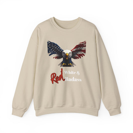 Red White & Badass Patriotic Eagle text on a Crewneck Sweatshirt