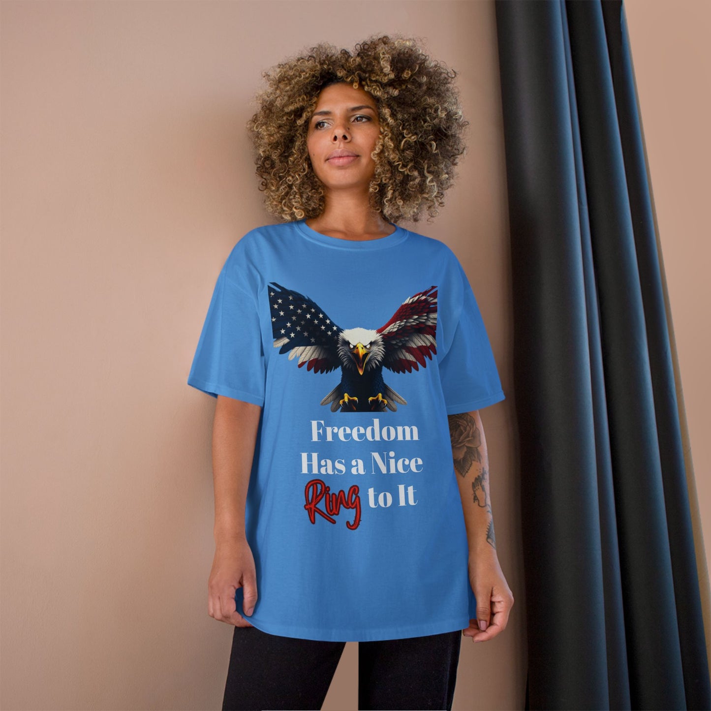 Freedom Has A Nice Ring To It Patriotic Eagle on a Champion T-shirt