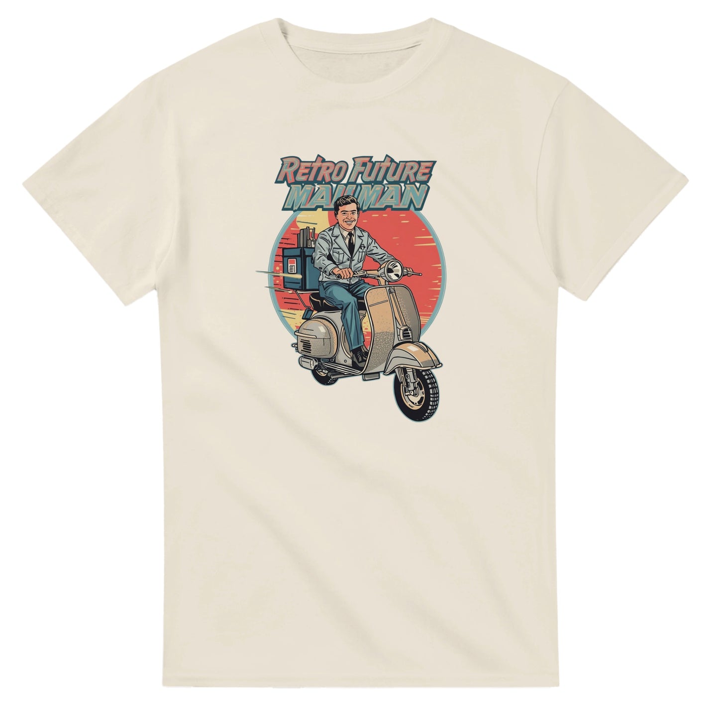 Man wearing a t-shirt with a retro design of a man on a scooter.