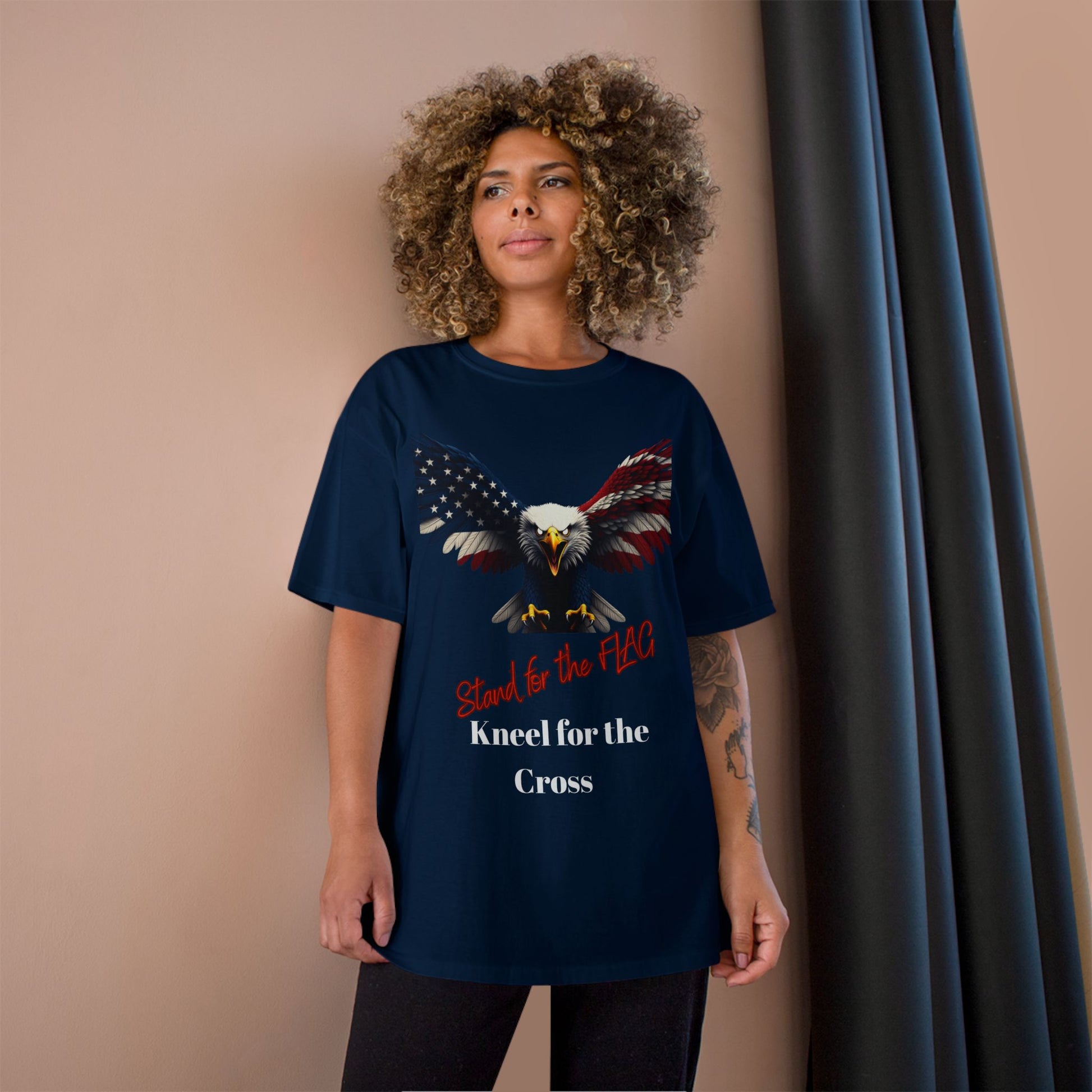Stand For The Flag Kneel For The Cross Patriotic Eagle on a Champion T-shirt