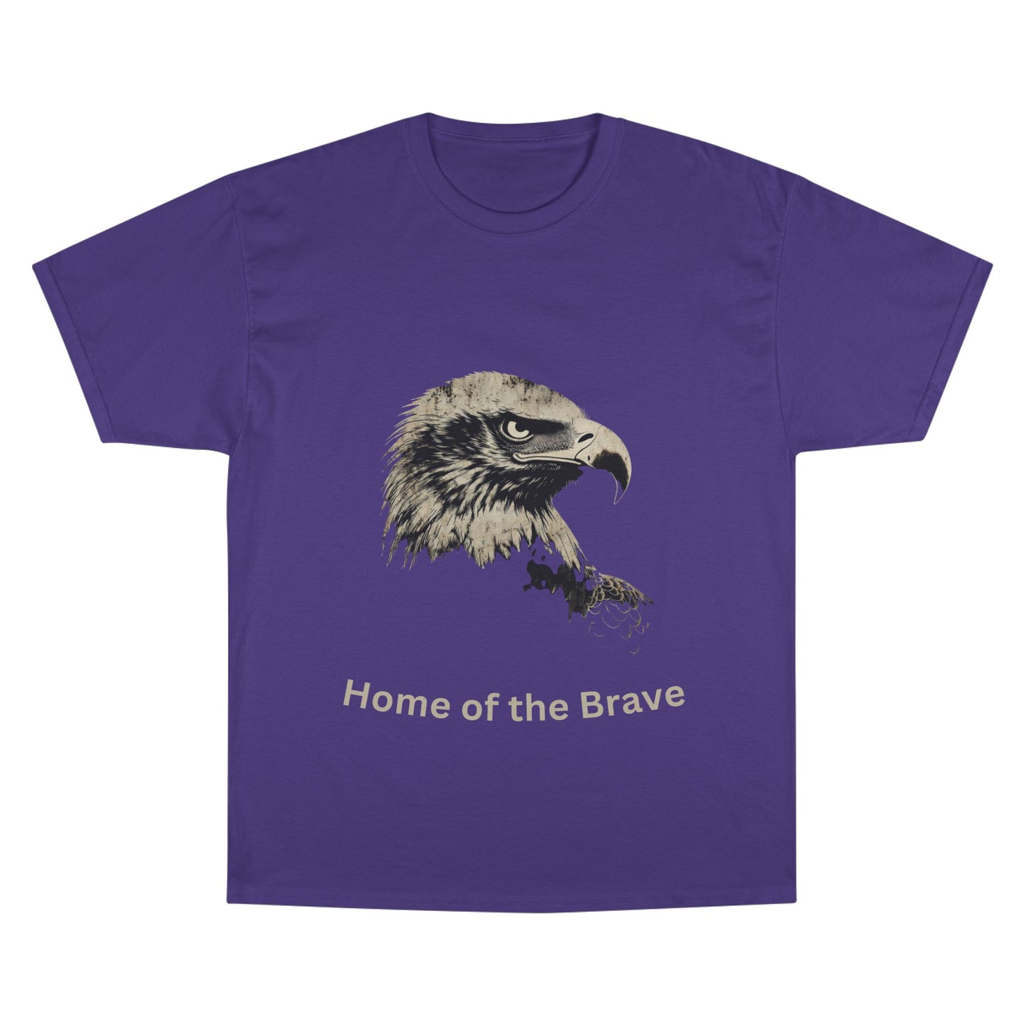 Home of the Brave text below an eagle head on a Champion Tee