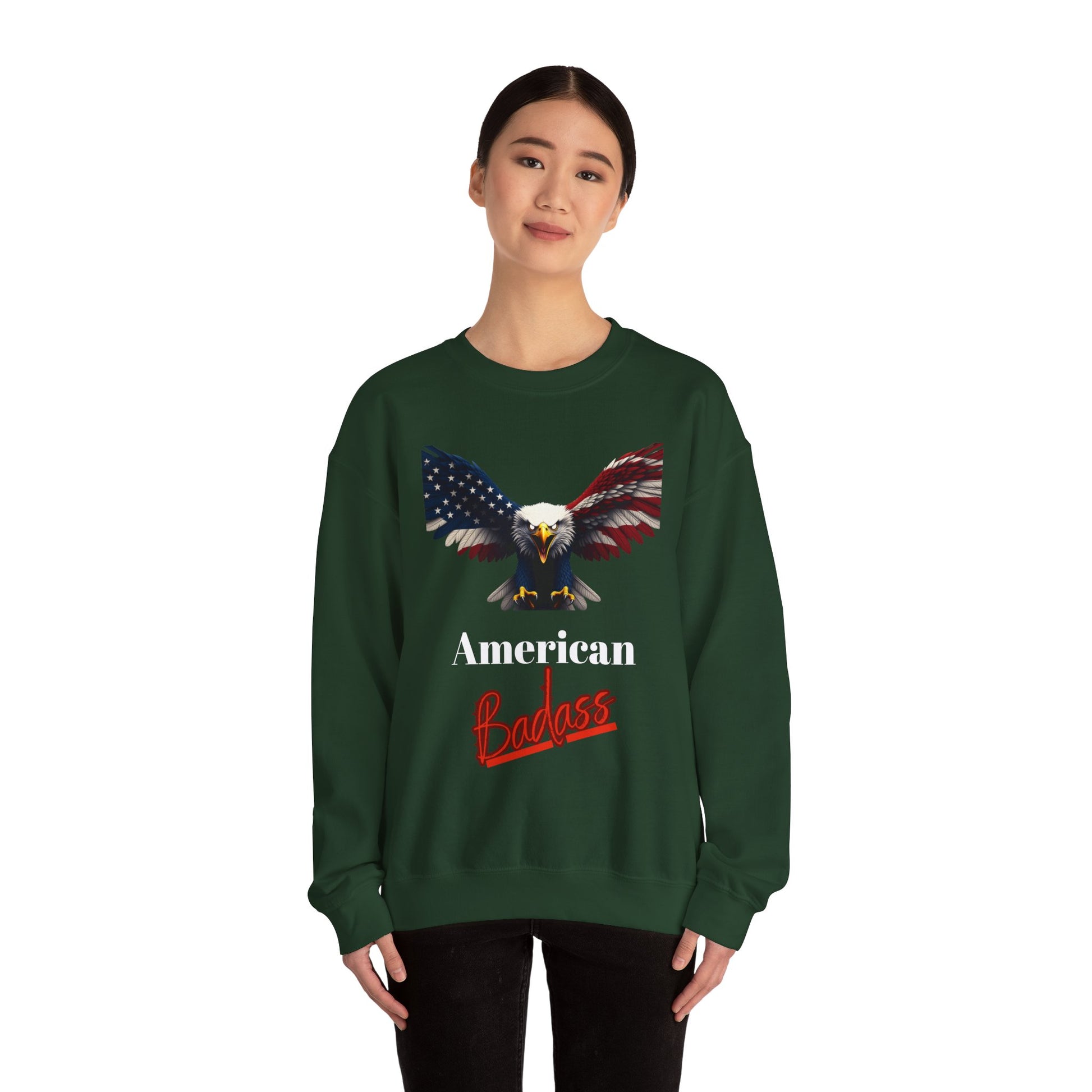 American Badass Patriotic Eagle text on a Crewneck Sweatshirt