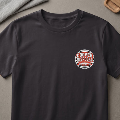 Dark t-shirt with circular Cooper Disposal logo and phone number.