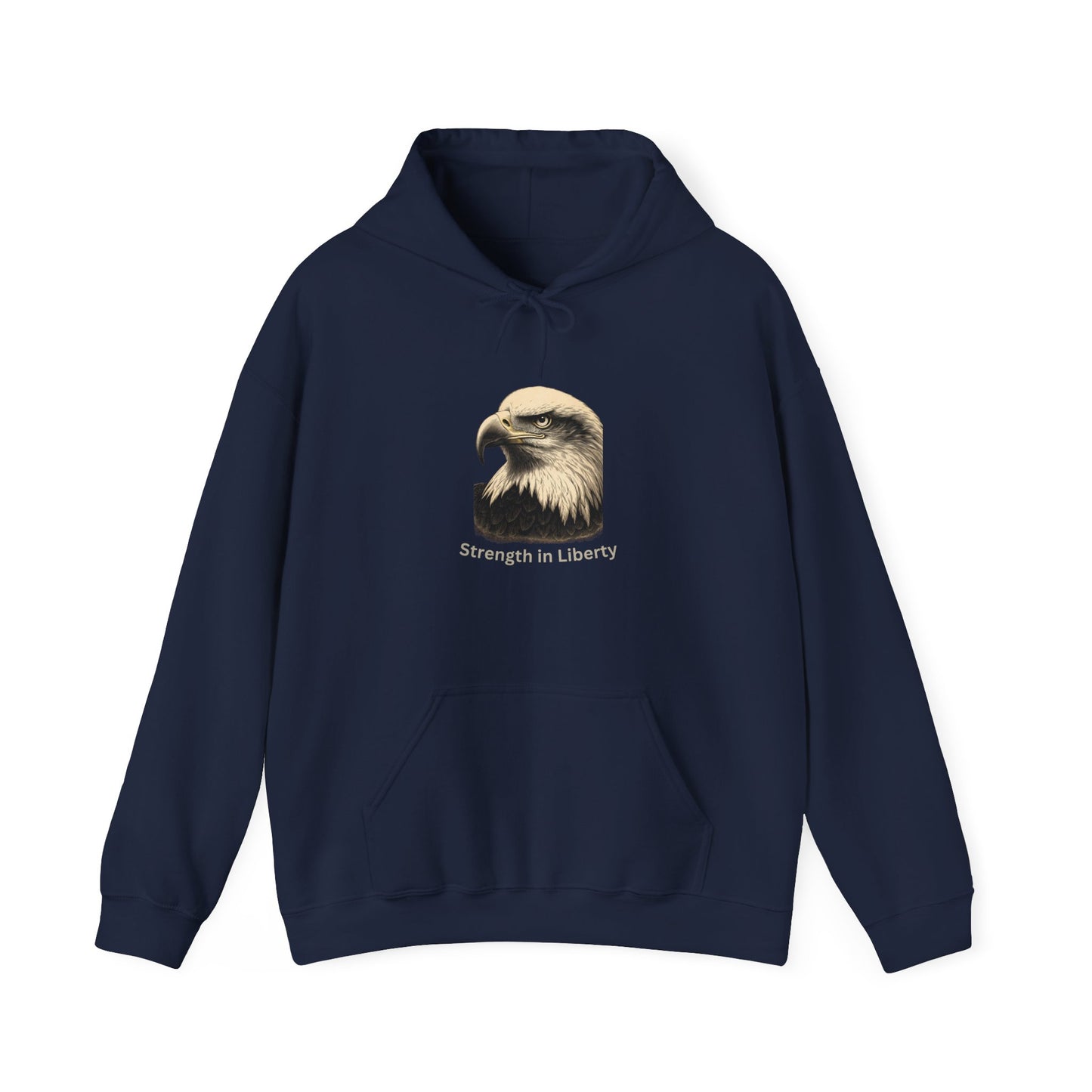 Strength in Liberty text beneath an eagle head on a Pullover Hoodie
