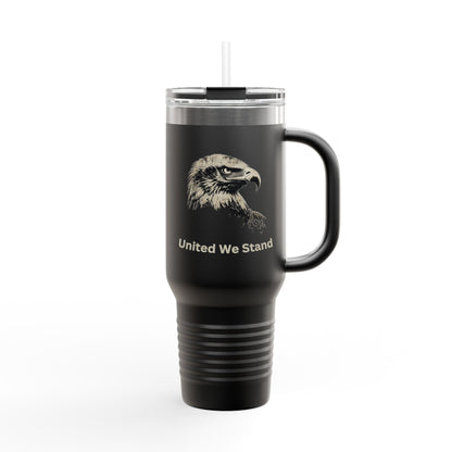 United We Stand text on the bottom of a  40oz Insulated Travel Mug