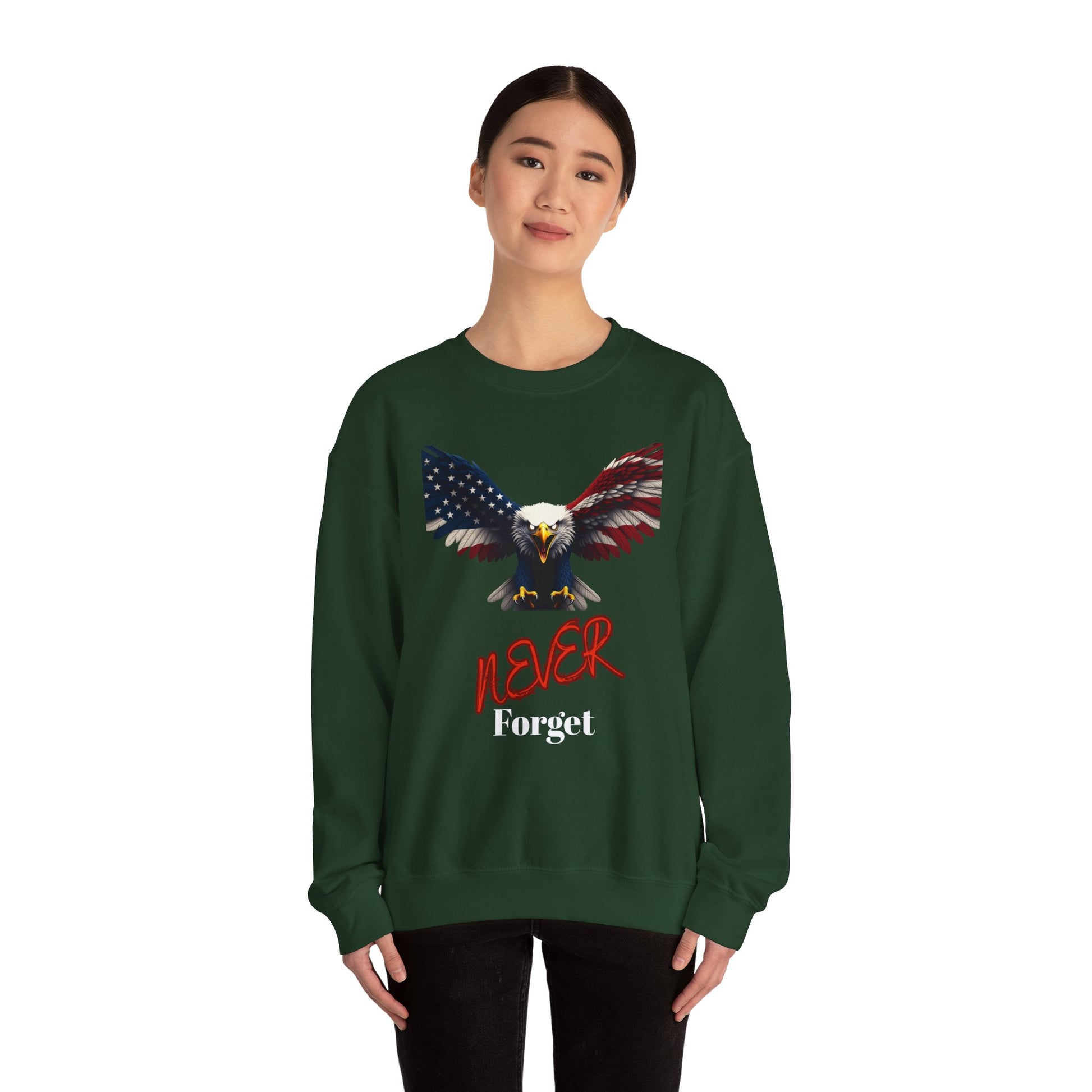 Never Forget Patriotic Eagle text on a Crewneck Sweatshirt