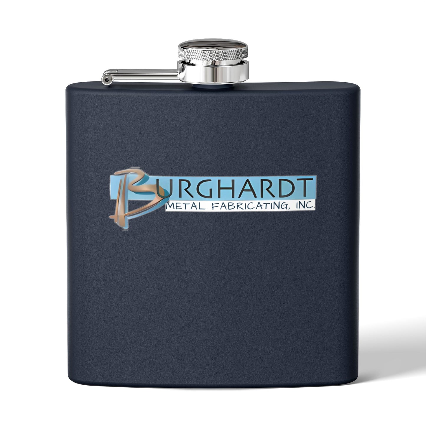 Burghardt Metal Fabricating, Inc., logo on a 6oz Stainless Steel Flask